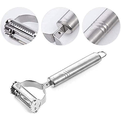 Wukusy 3-in-1 stainless steel vegetable and fruit peeler set with three different peelers on a white background