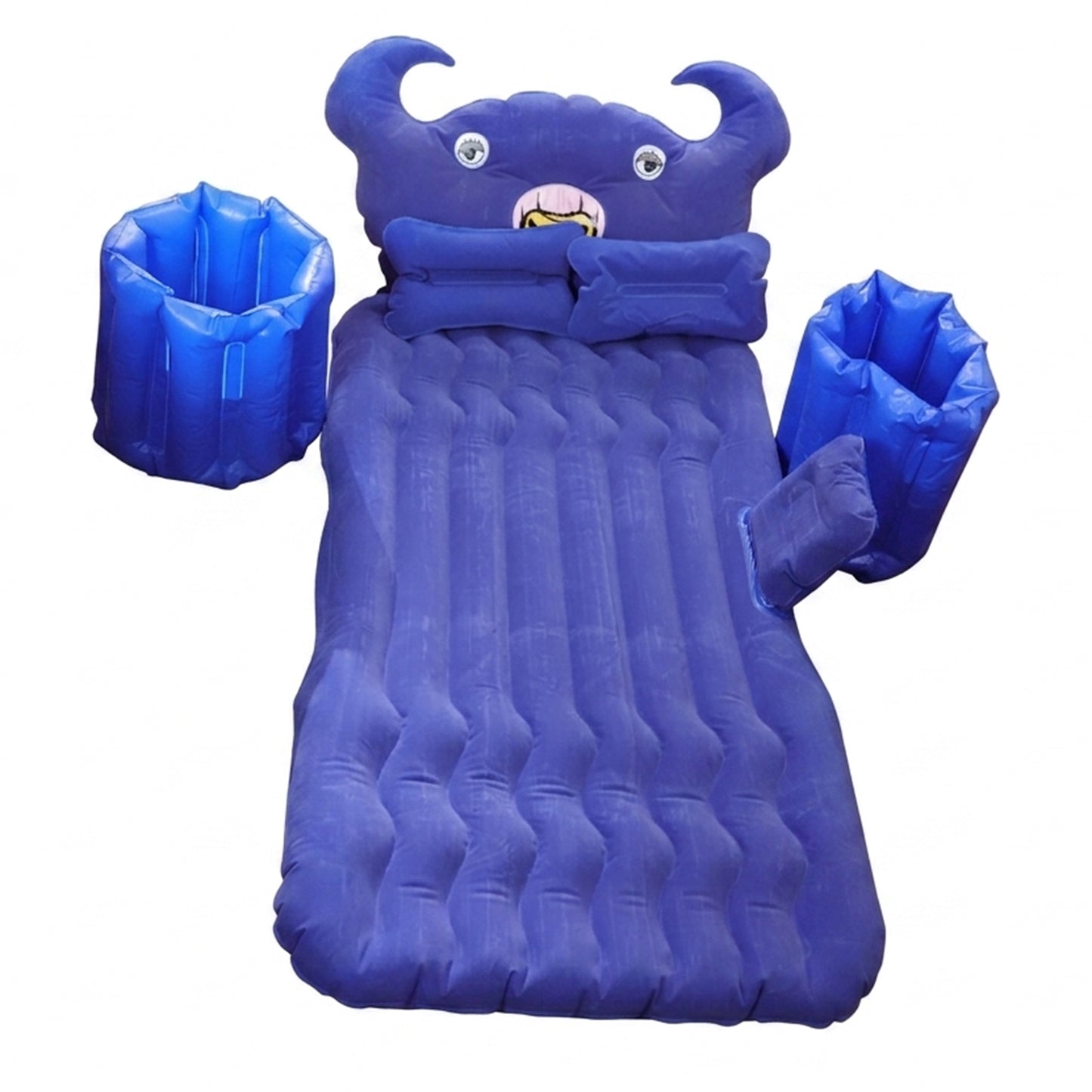 Wukusy car air mattress bed set with inflatable cushions and pump, shown inflated inside a vehicle for comfortable travel rest
