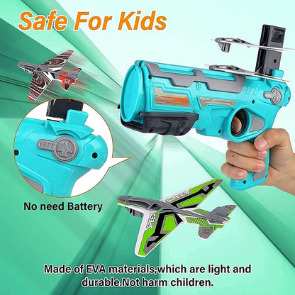 Wukusy 4710 airplane launcher toy with foam glider planes, outdoor kids' air battle game, includes five colorful planes.