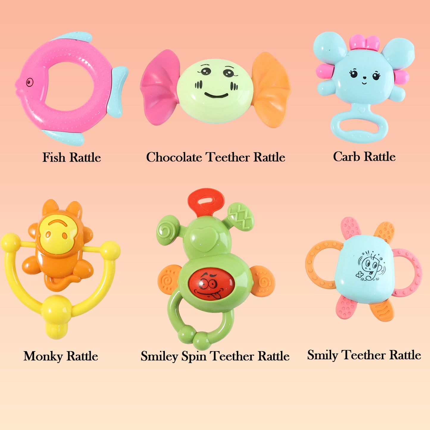 Wukusy Tiny Joys 6-in-1 baby rattle toy set with colorful rattles and soft plush toys for infants.