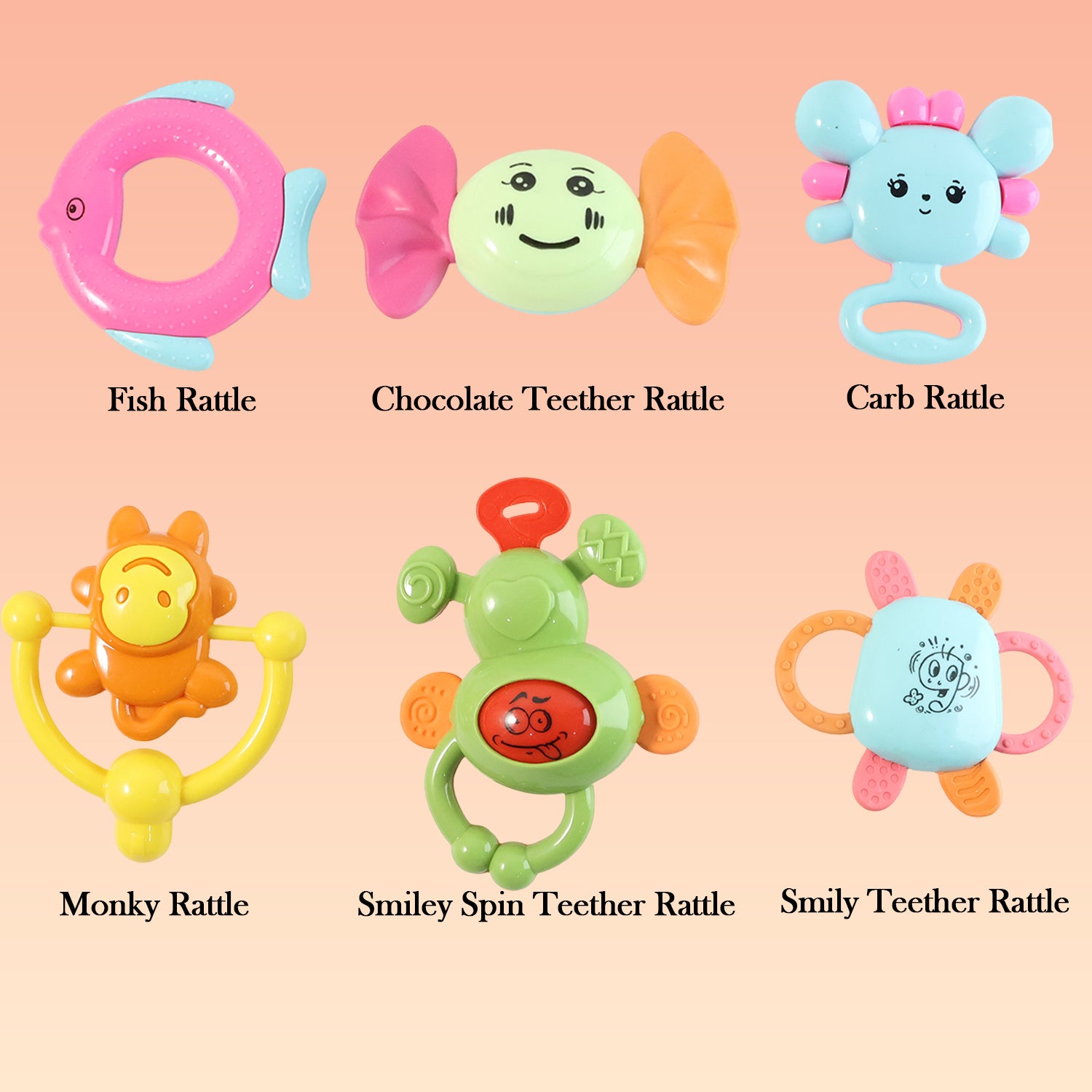 Wukusy Tiny Joys 6-in-1 baby rattle toy set with colorful rattles and soft plush toys for infants.