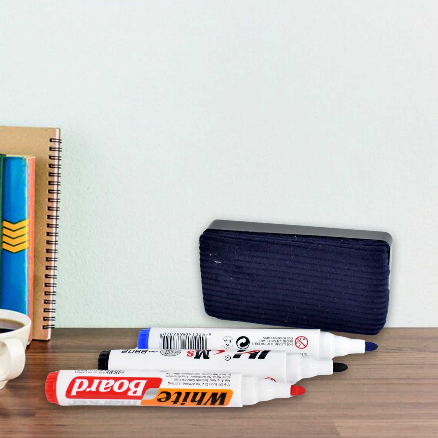 Wukusy whiteboard marker set with blue, black, and red markers and a board duster, ideal for office use.