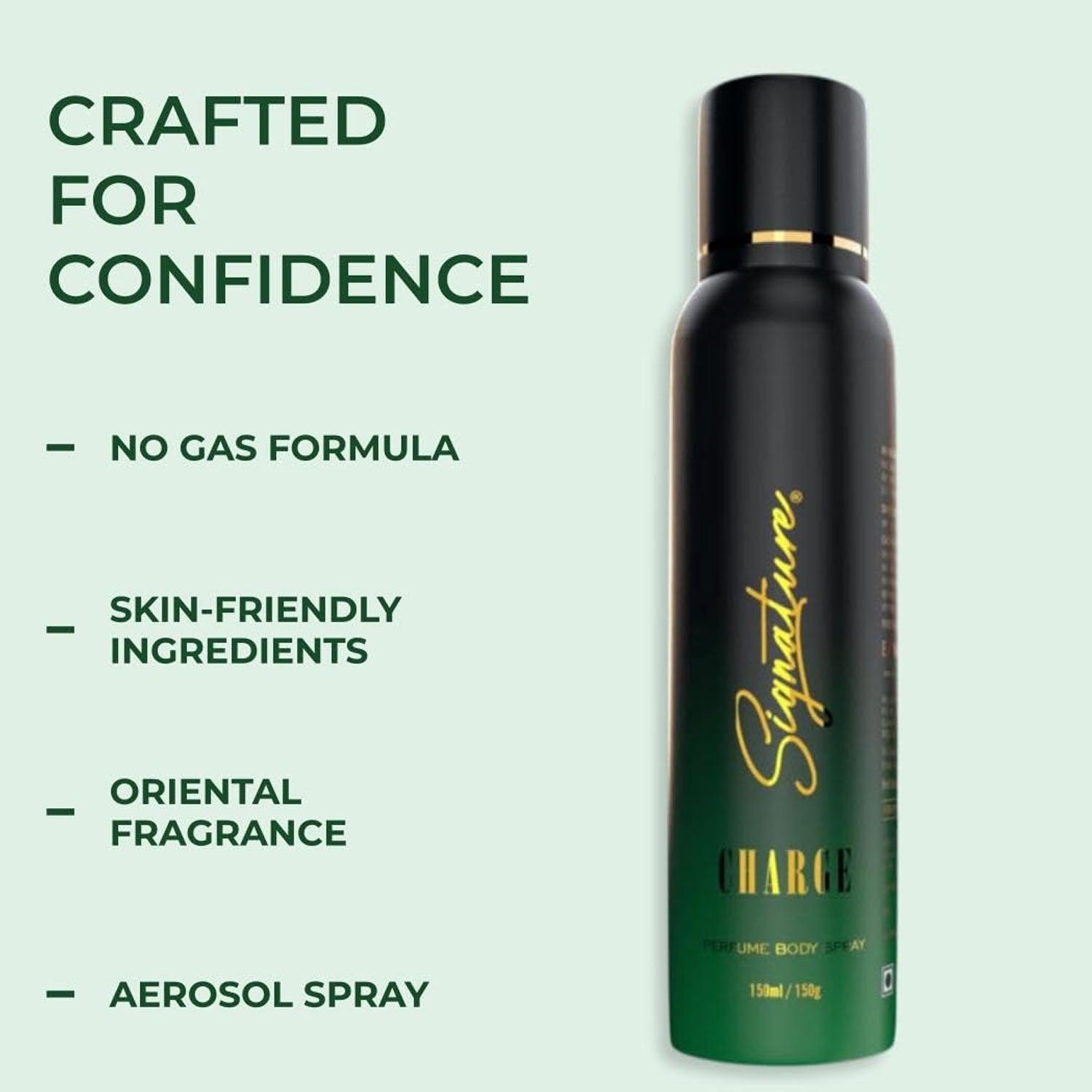 Wukusy Signature Premium Charge fragrance body spray 150ml bottle with sleek design and modern branding.