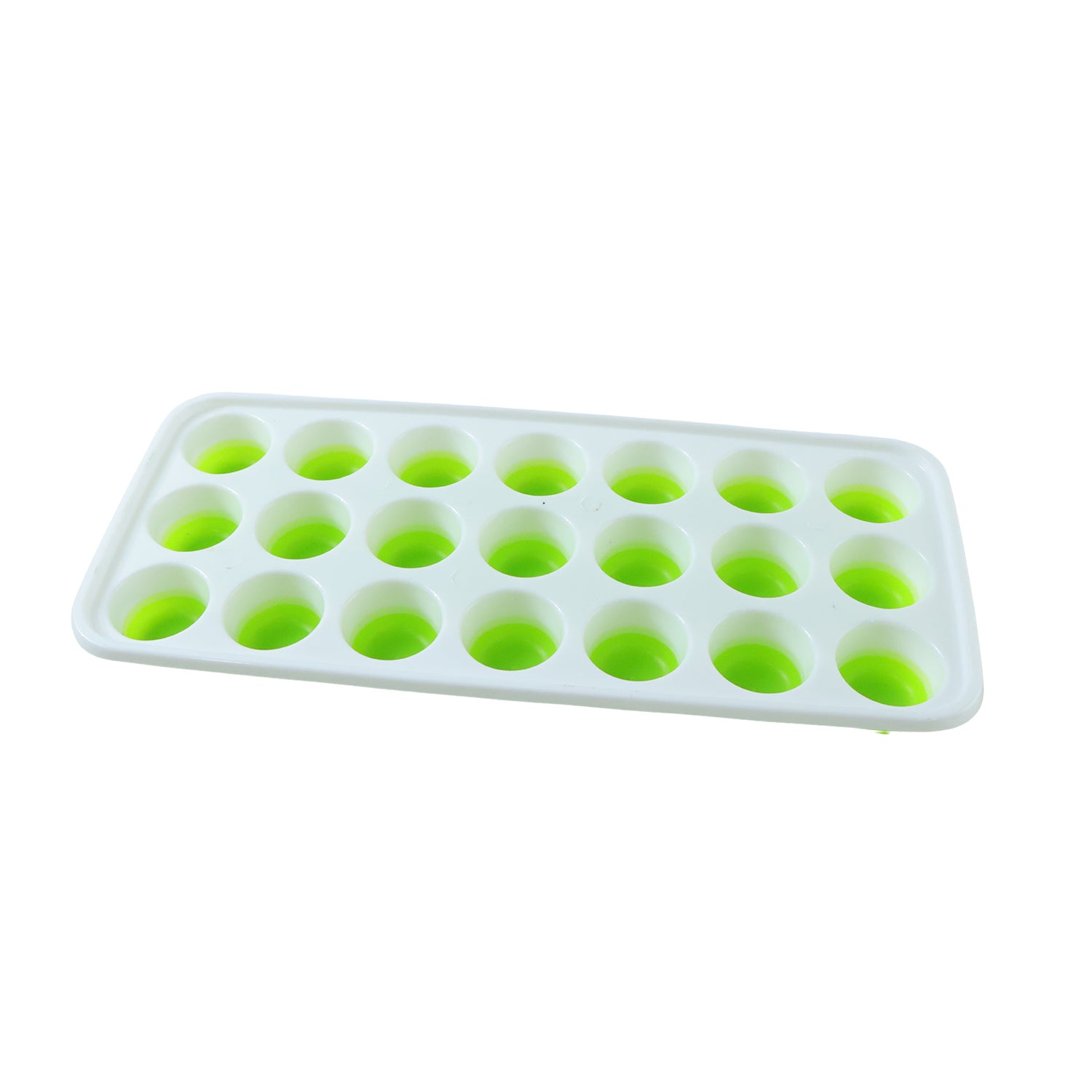 Wukusy 21-grid round plastic ice cube tray with lid, showing filled compartments ready to make pop ice cubes.