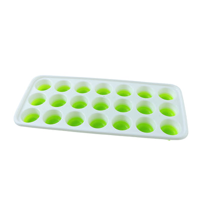 Wukusy 21-grid round plastic ice cube tray with lid, showing filled compartments ready to make pop ice cubes.