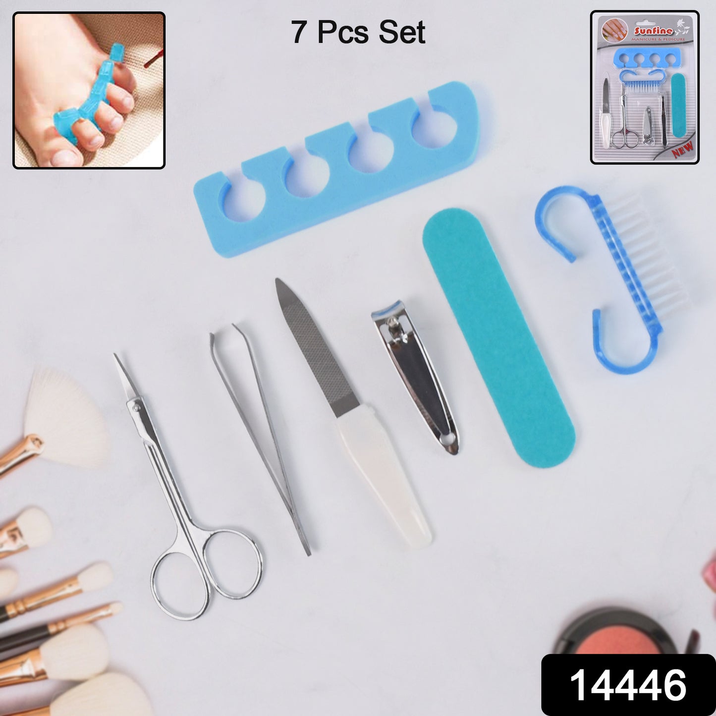 Wukusy 7-in-1 manicure set with seven grooming tools for nails and cuticles, displayed on a white background.