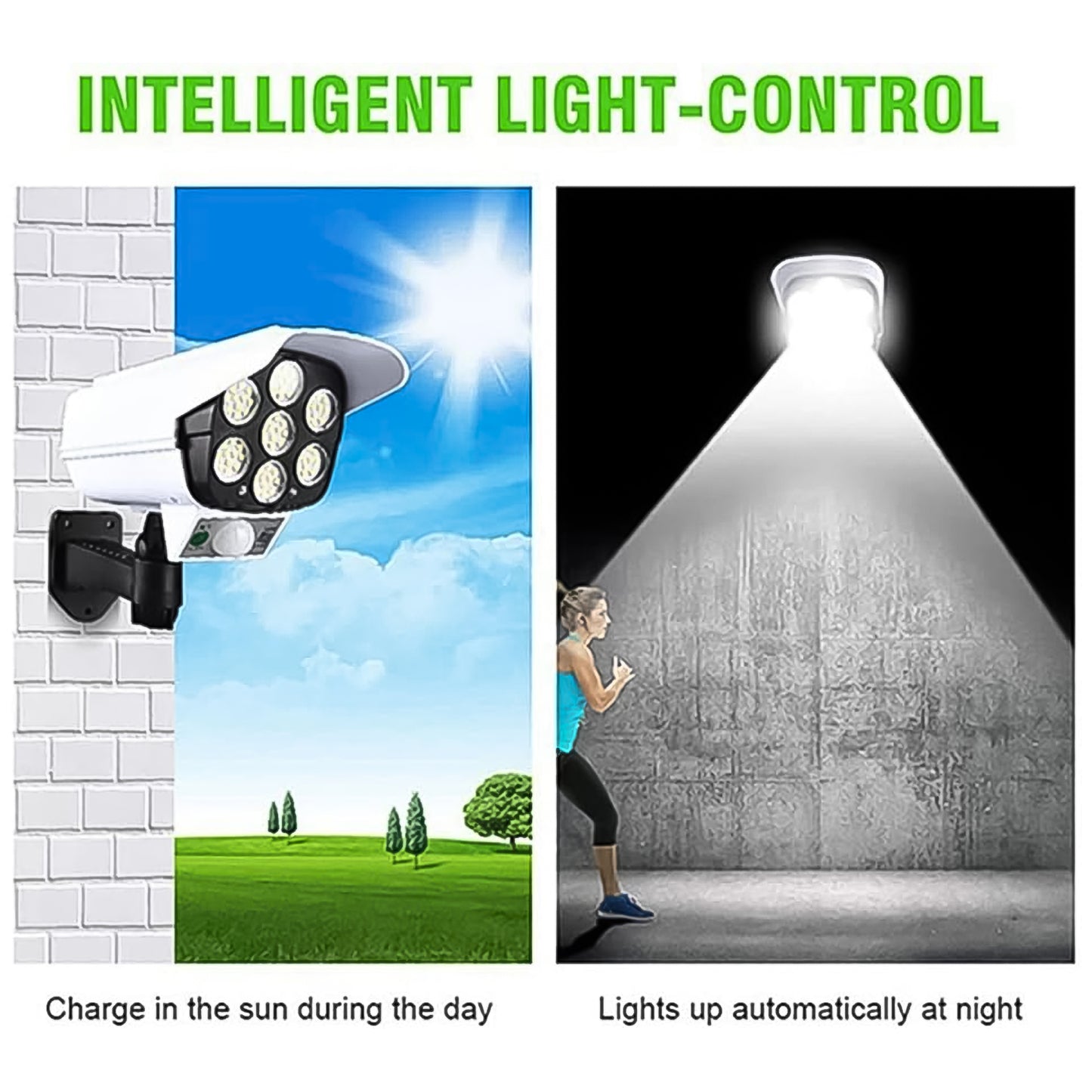 Wukusy solar outdoor motion sensor security camera dummy wall lamp with black rectangular design and sensor at the front.
