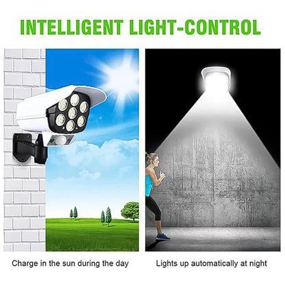 Wukusy solar outdoor motion sensor security camera dummy wall lamp with black rectangular design and sensor at the front.