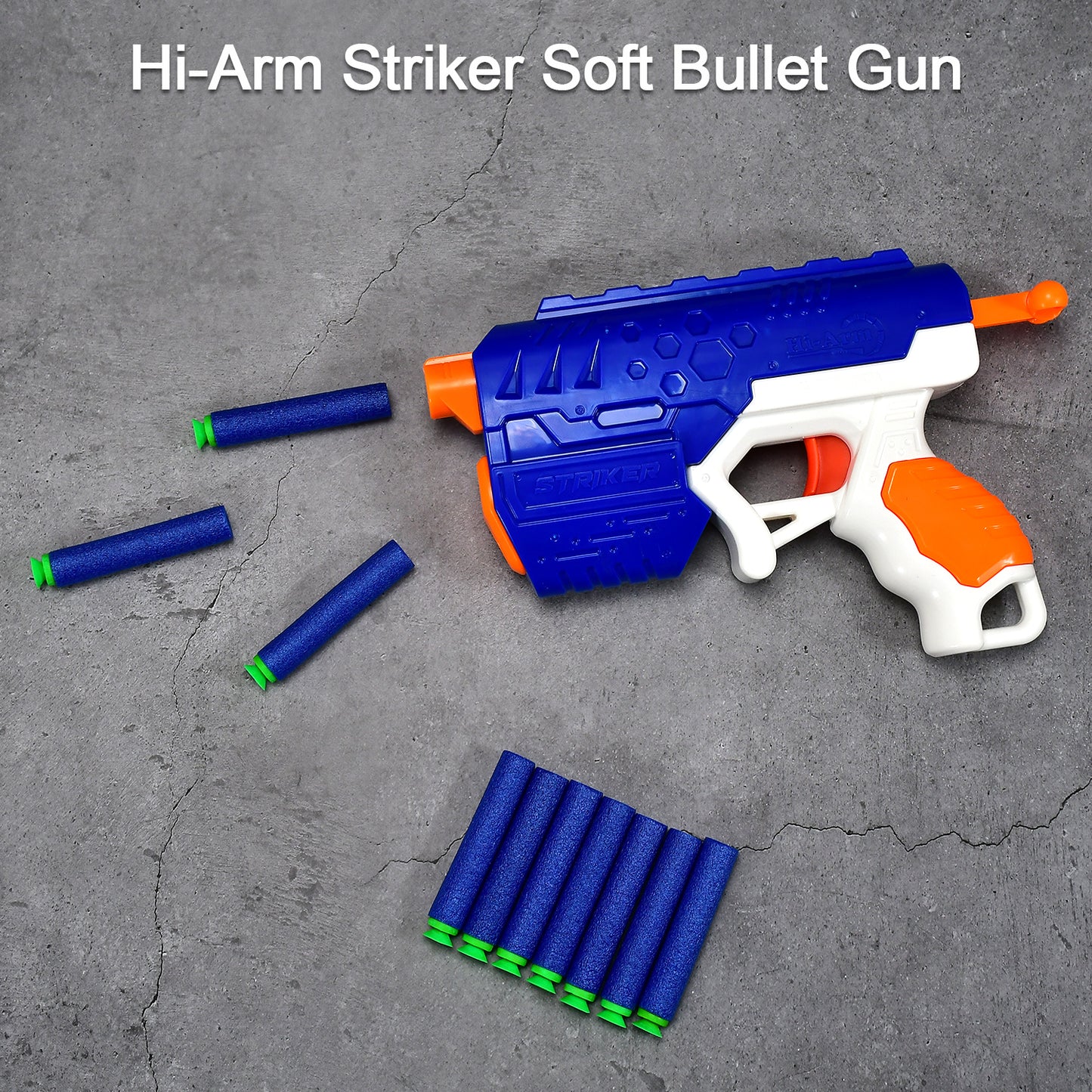 Wukusy 1967 Hi-arm gun toy with 10x foam suction bullets, made of durable ABS plastic, designed for target shooting play.