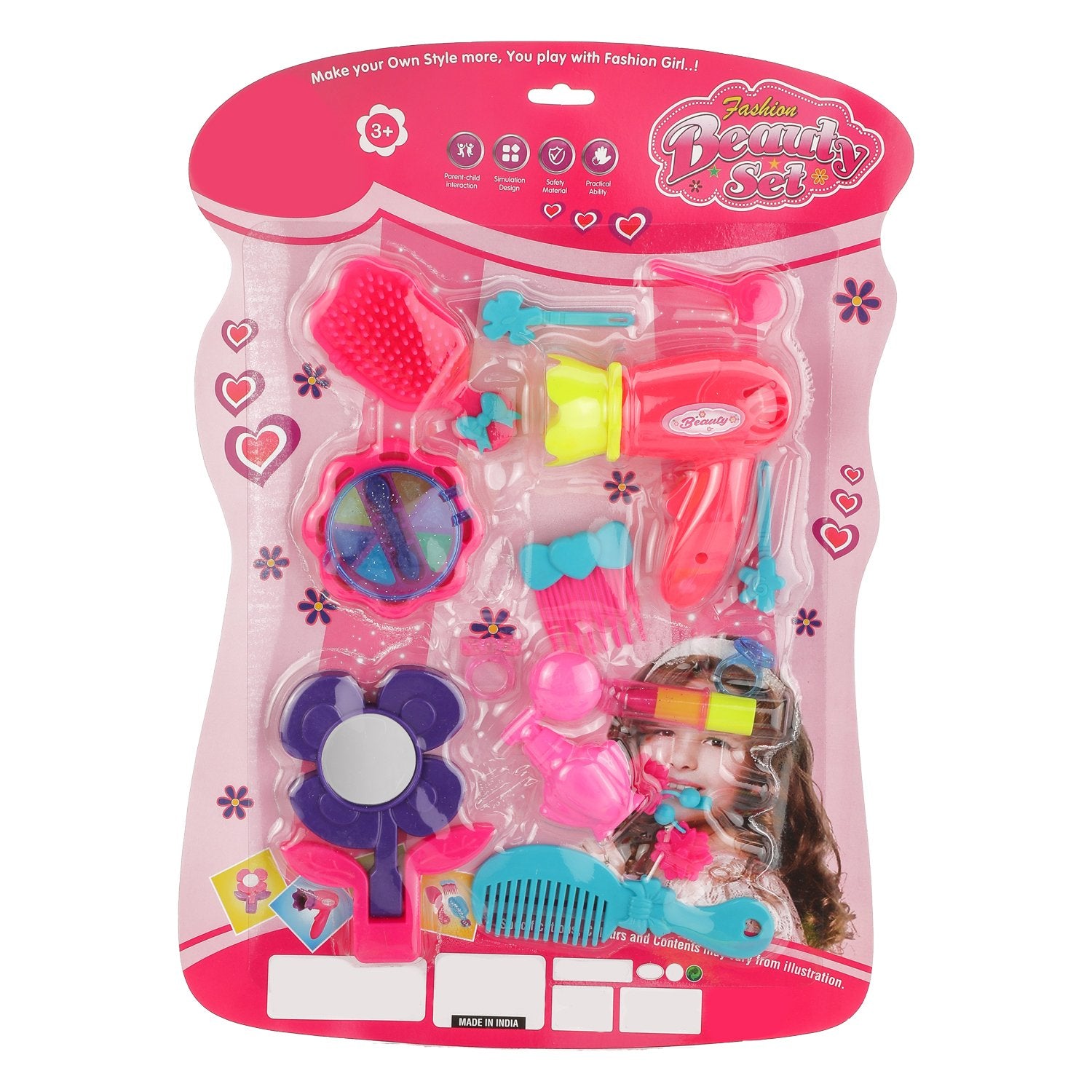 Colorful 1921 Girls Bring Along Beauty Suitcase by Wukusy, a toy makeup vanity set with mirror and accessories for kids.