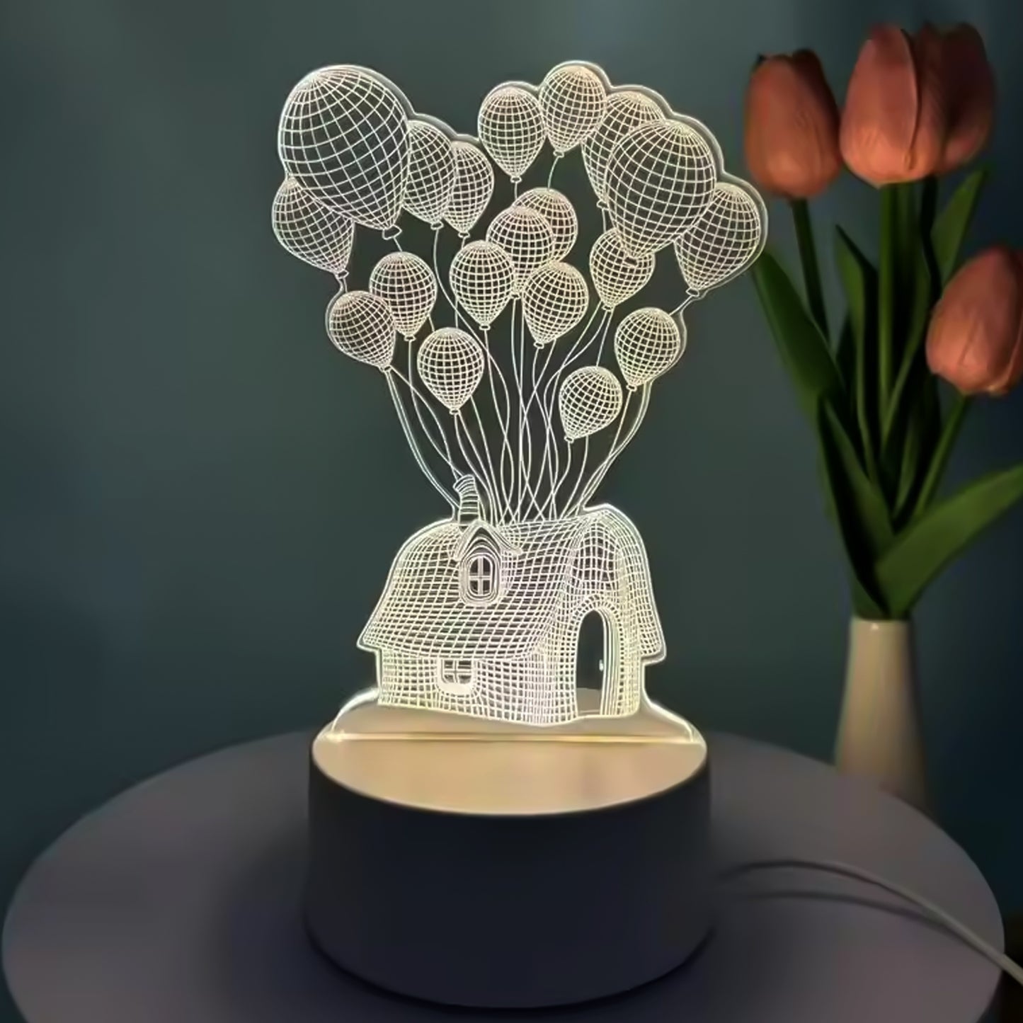 Wukusy 3D illusion LED night lamp featuring a house and balloons design for cozy home decor illumination.