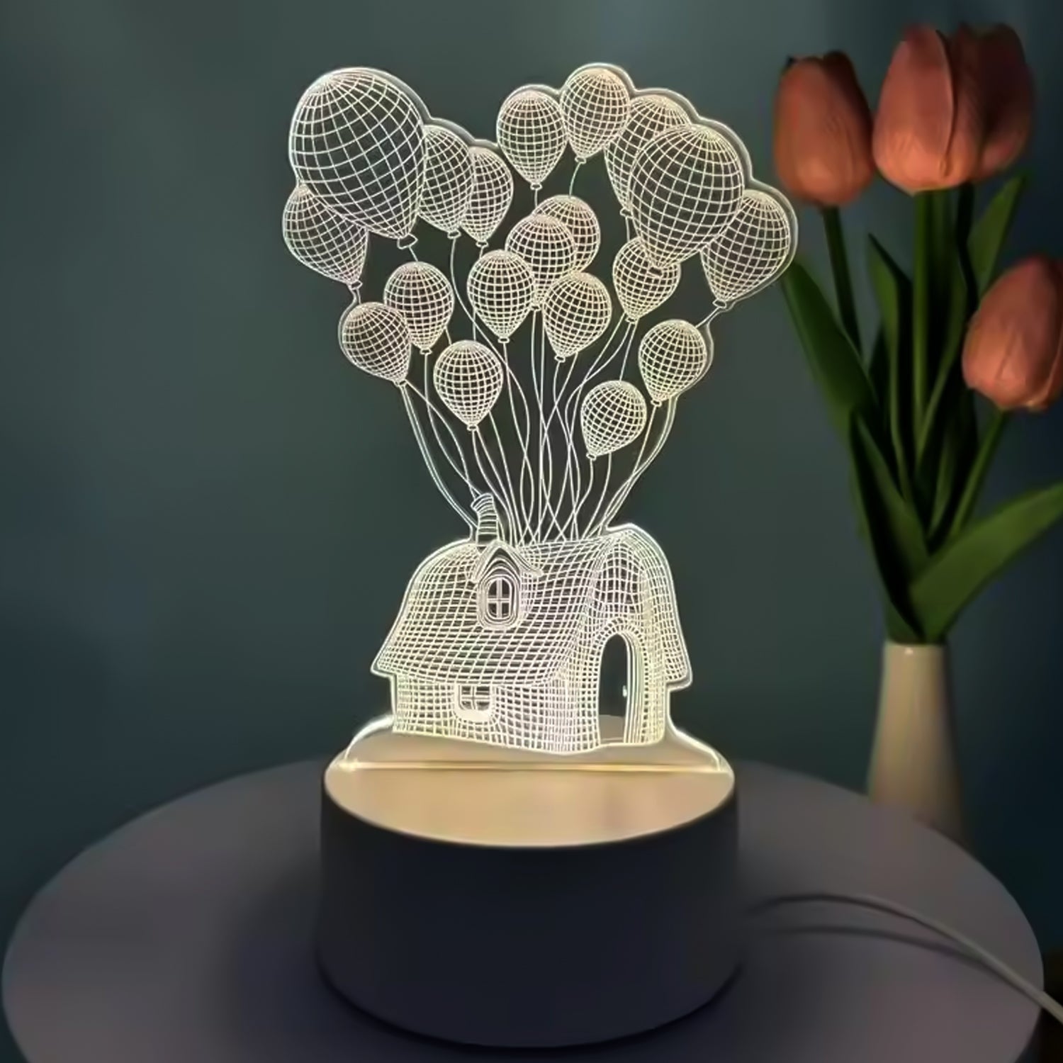 Wukusy 3D illusion LED night lamp featuring a house and balloons design for cozy home decor illumination.