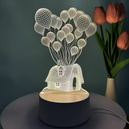 Wukusy 3D illusion LED night lamp featuring a house and balloons design for cozy home decor illumination.