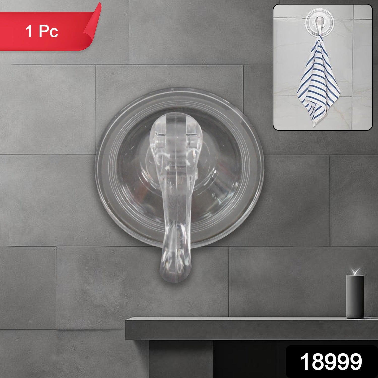 Wukusy plastic suction cup hook attached to a bathroom tile, ideal for hanging towels or accessories in home and kitchen spaces.