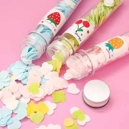 Wukusy 1319 portable hand washing bath with flower-shaped paper soap strips in test tube bottle, ideal for home hygiene.