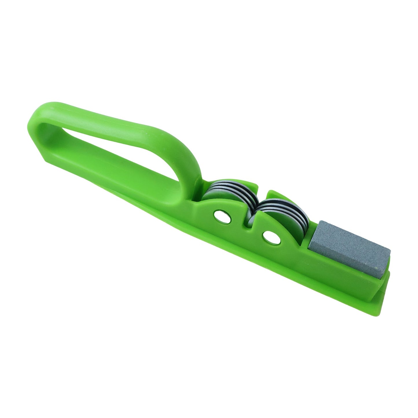 Wukusy handheld knife sharpener with grip handle, manual blade sharpening tool, black and silver design, compact and ergonomic.