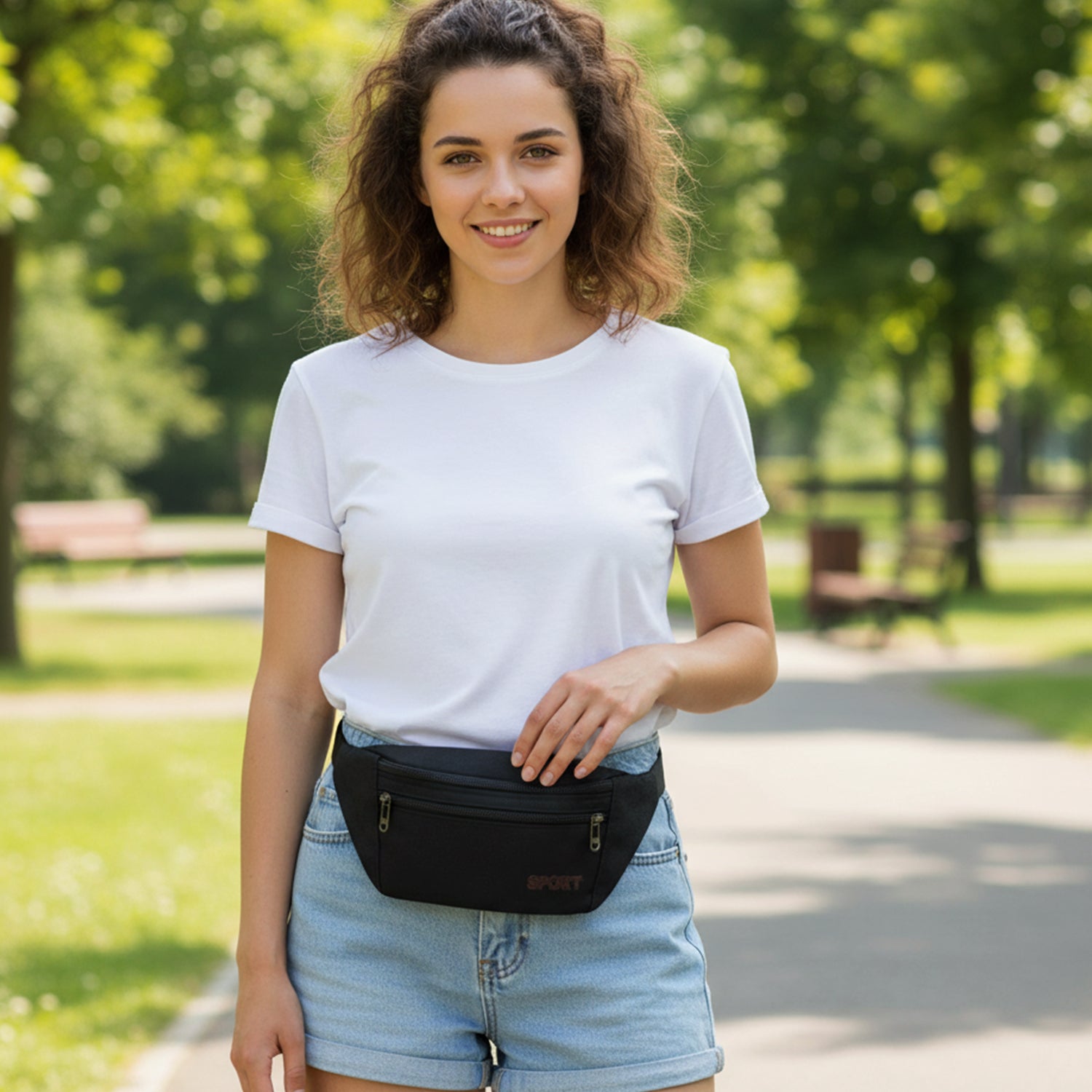 Black sports waist bag by Wukusy with adjustable strap and zippered pocket for running and outdoor activities.