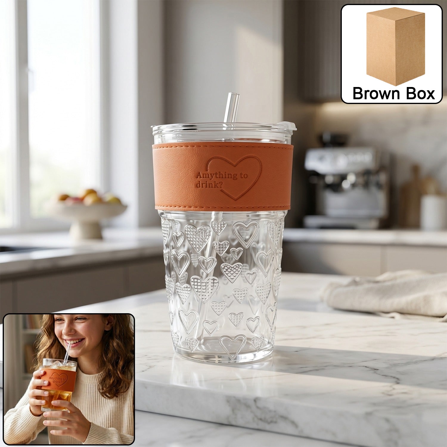 Transparent glass drinking tumbler with lid from Wukusy, suitable for water or juice, shown on a clean surface.