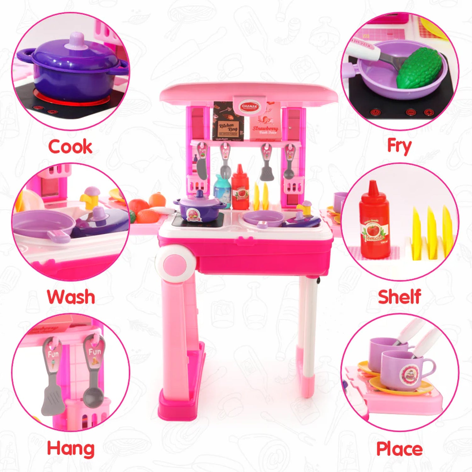 Wukusy 3-in-1 kids' kitchen set with pretend play toys, including utensils and accessories in a portable suitcase for imaginative play.