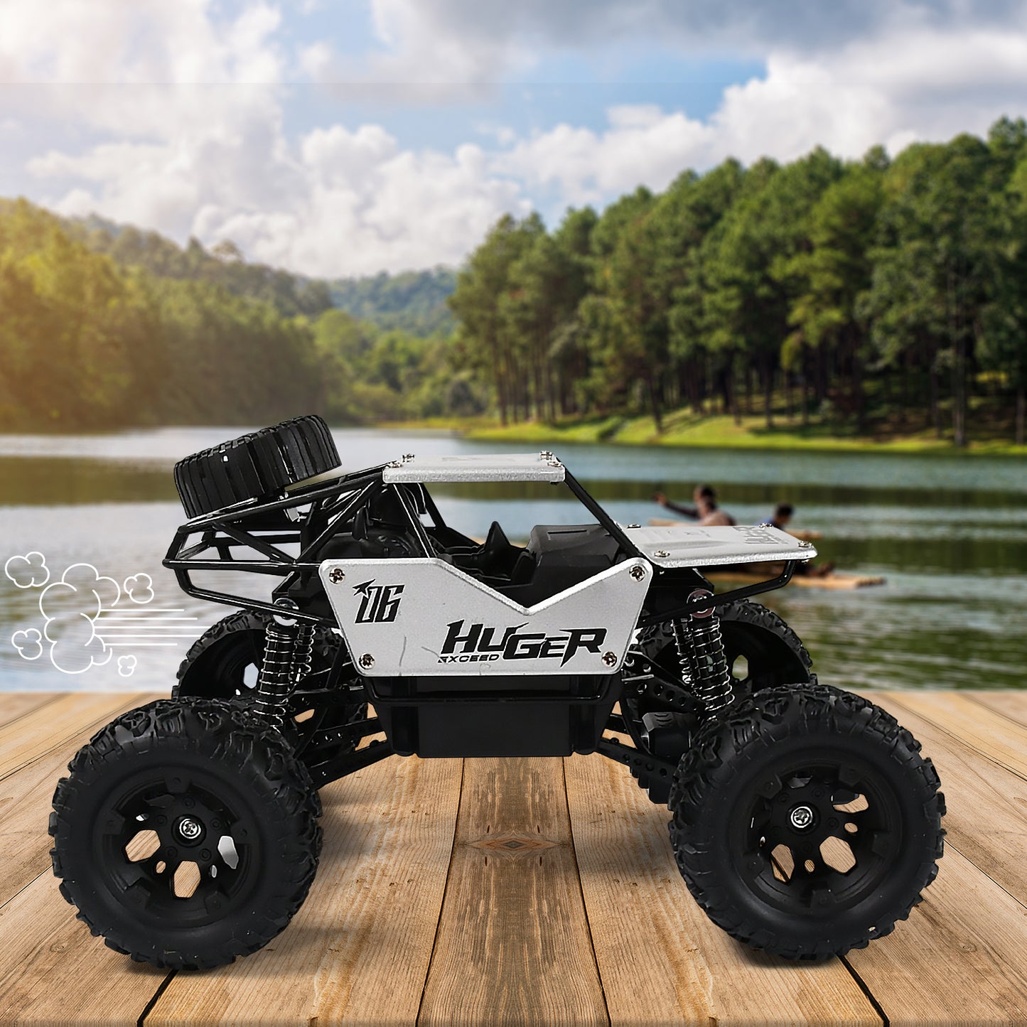 Wukusy 118 scale rock crawler monster RC truck performing stunts on rugged terrain, rechargeable all-terrain toy car for indoor outdoor use
