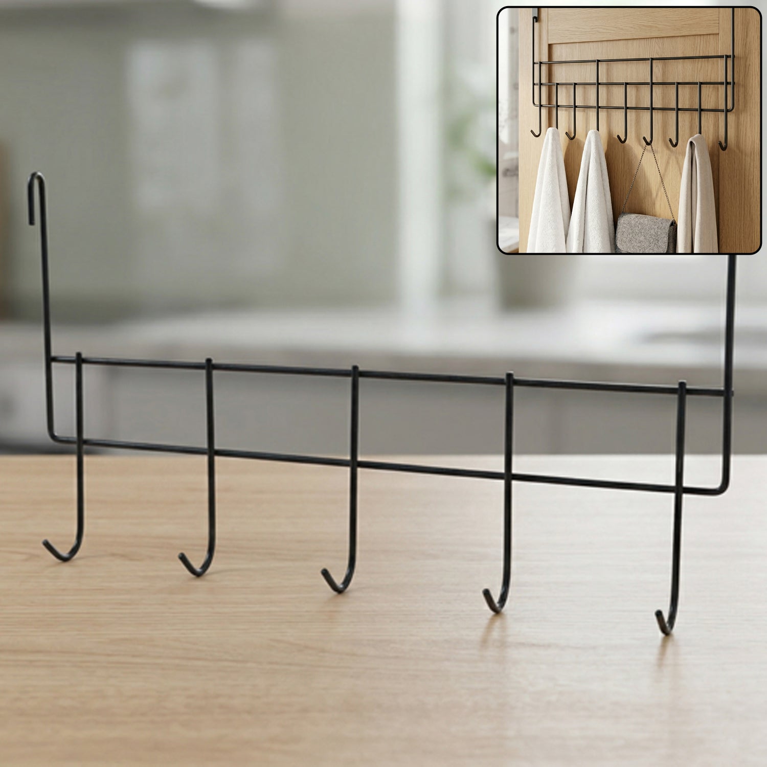 Wukusy premium over-the-door metal hook rack with five hooks for hanging clothes, bags, or accessories.