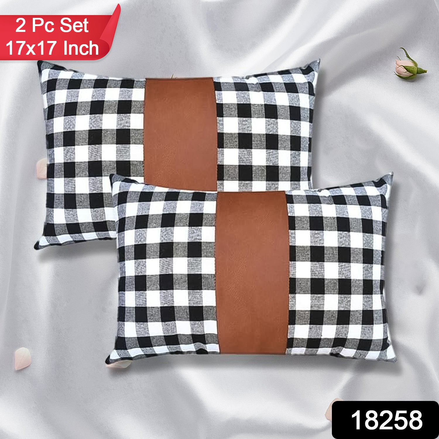 Pair of Wukusy leather and cotton pillow covers, 17x17 inch, soft cushion covers for home decor, set of 2.