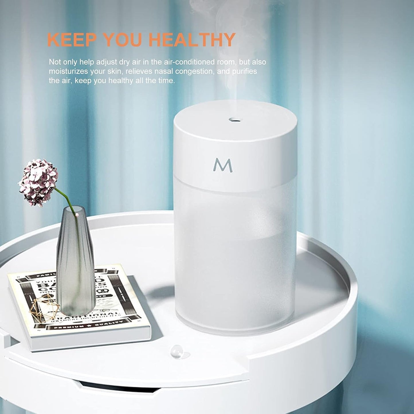 Wukusy mini portable USB humidifier with cool mist and LED light, desktop air diffuser for room moisture.