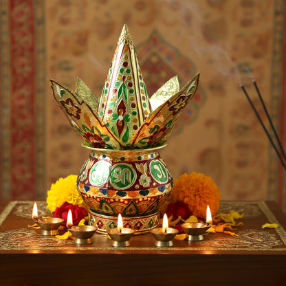 Traditional decorative Pooja Kalash set by Wukusy, featuring ornate metal containers with intricate designs for religious rituals.