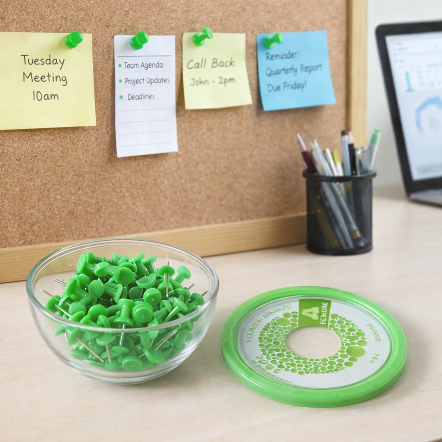 Set of 70 heavy-duty plastic head push pins by Wukusy, showing colorful pins with sturdy plastic heads and sharp metal points.