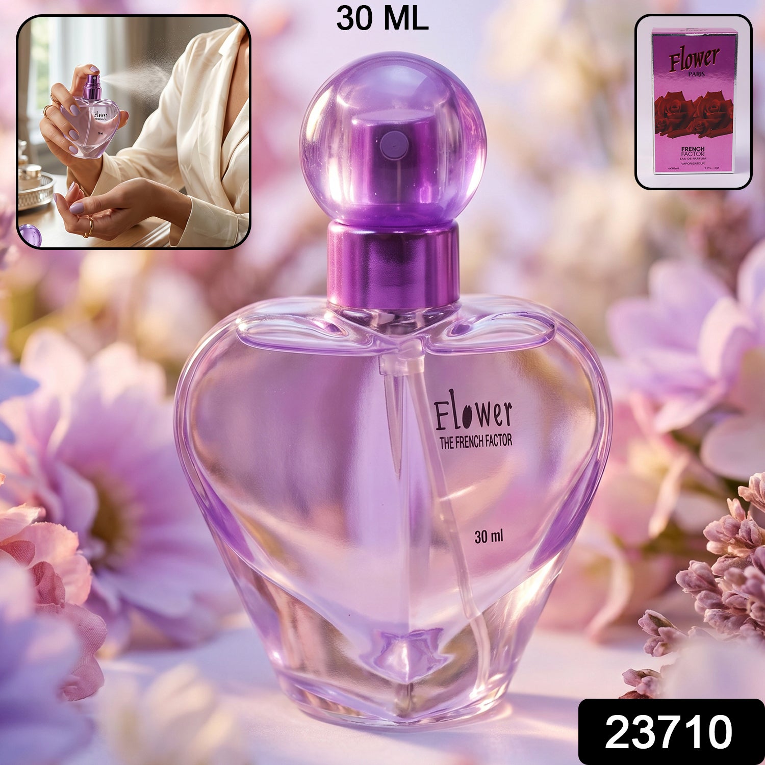 Heart-shaped glass bottle of Wukusy Flower Paris Eau De Perfume 30ml with floral design and elegant packaging.