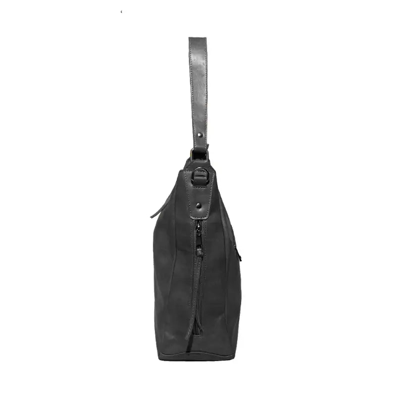 Black vegan leather shoulder bag with adjustable strap, spacious, water-resistant, ideal for camping and hiking adventures.