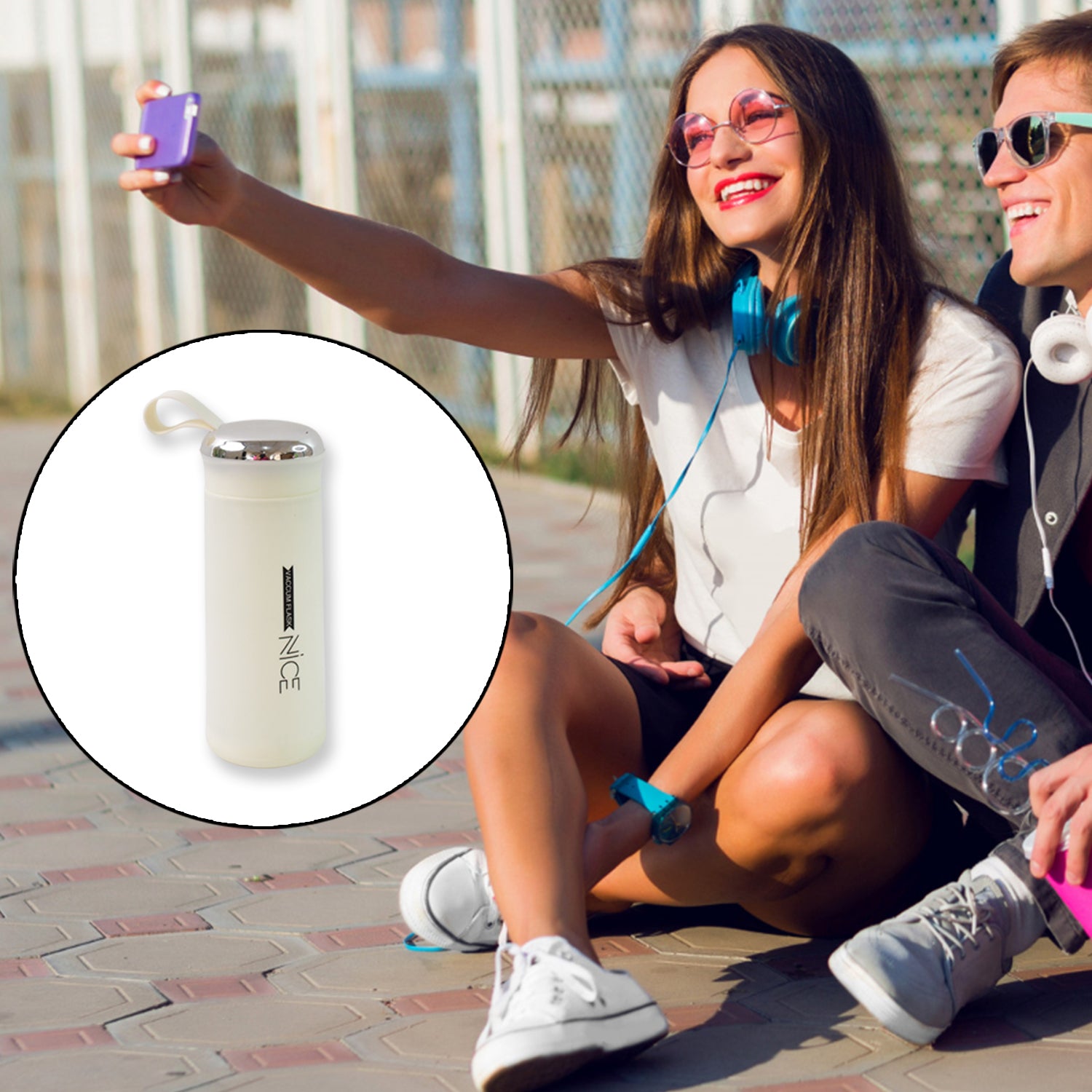 White 400ml Wukusy glass water bottle with leak-proof lid, ideal for gym, children, and daily hydration.