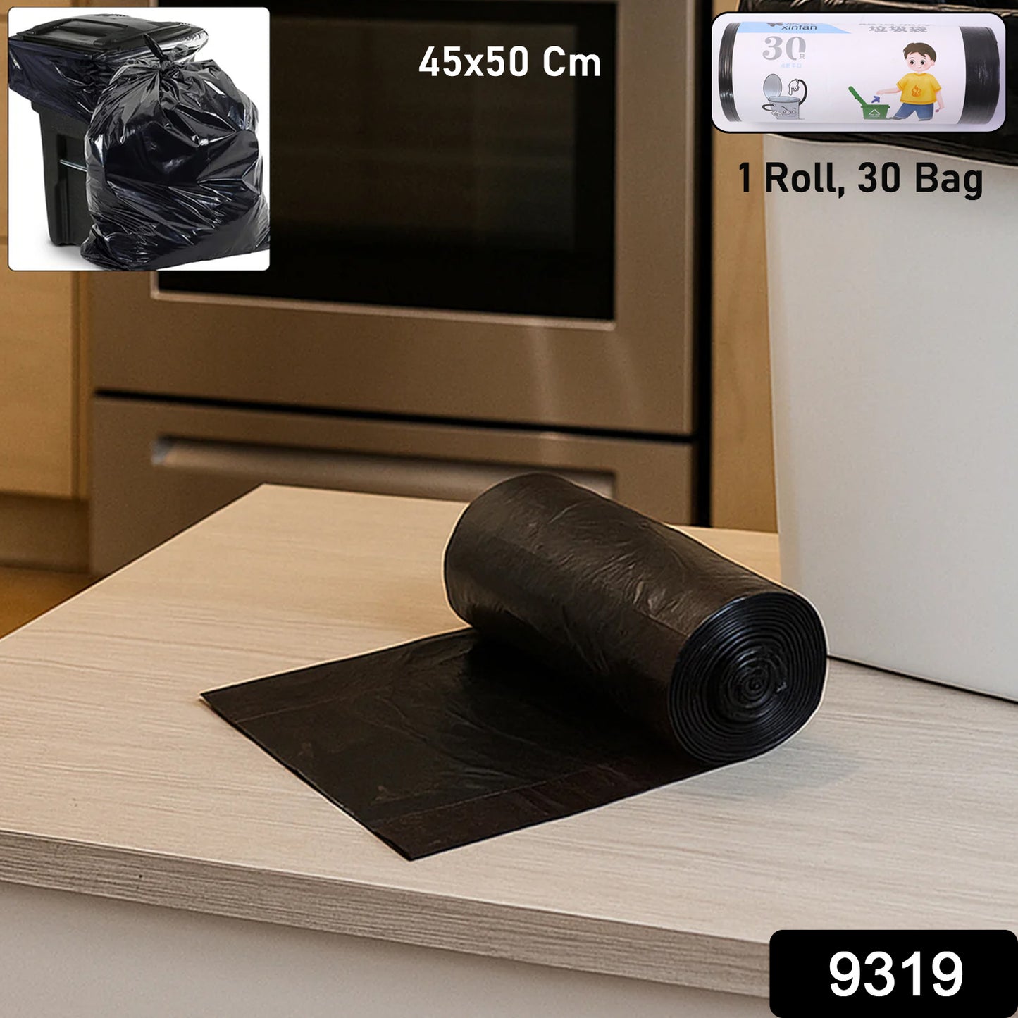 Wukusy heavy duty garbage bags roll with 30 large 45x50 cm trash bags, durable and strong for waste disposal.