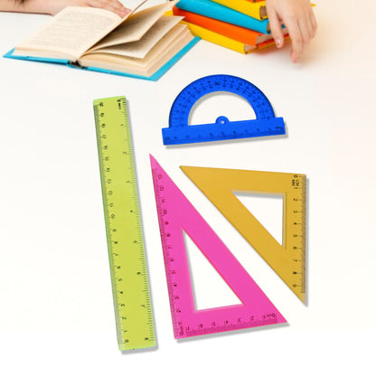 Wukusy 4-piece geometry set with triangle ruler, protractor, and straight rulers for office and school use, visible in the image.