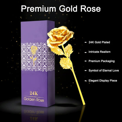 Golden artificial rose from Wukusy, luxury decorative flower with gold plating, displayed in a premium box.