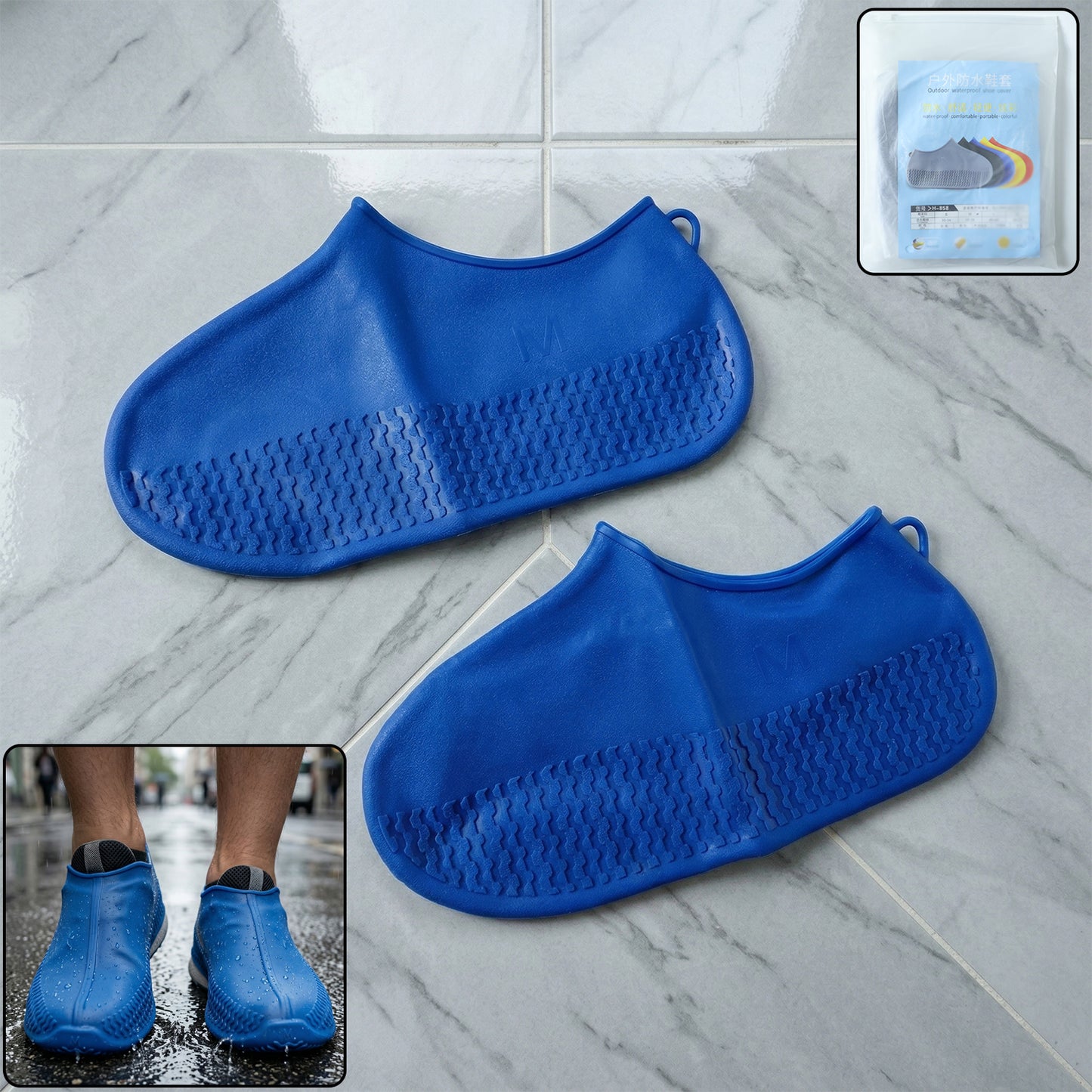 Pair of blue waterproof silicone shoe covers by Wukusy in medium size, designed to protect shoes from water and dirt.