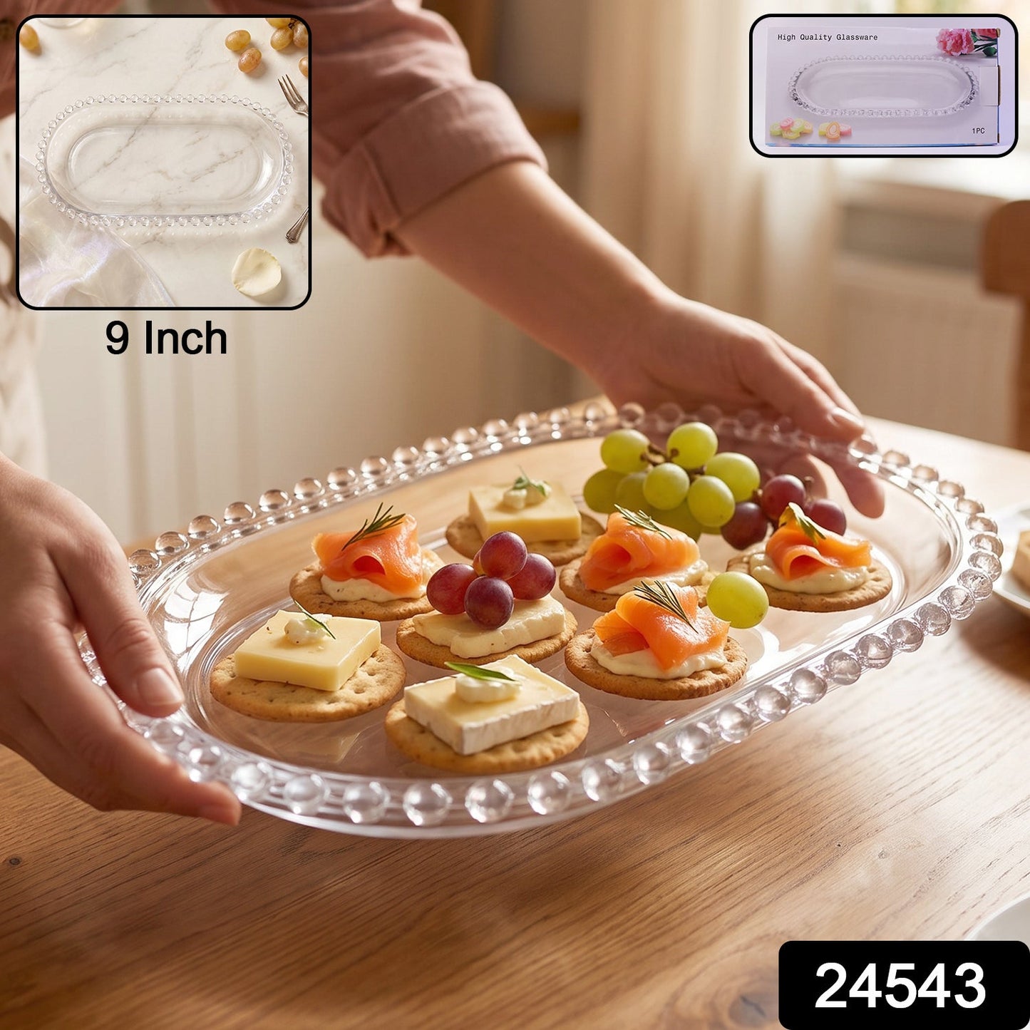 Clear glass 9-inch oval serving tray with beaded edge, ideal for snacks and appetizers, by Wukusy.