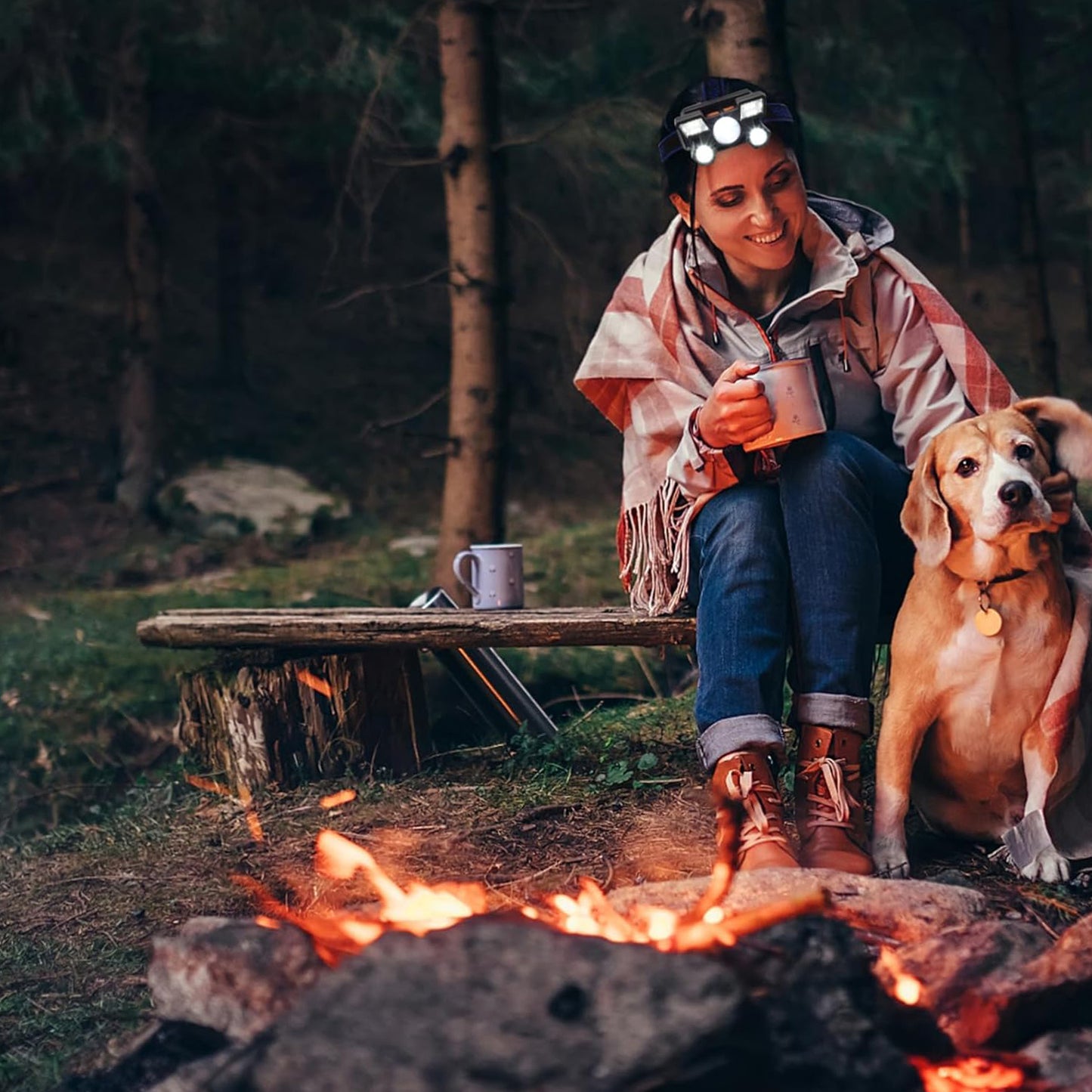 Wukusy 5 LED rechargeable USB headlamp with adjustable strap and bright light for outdoor activities and hands-free illumination.