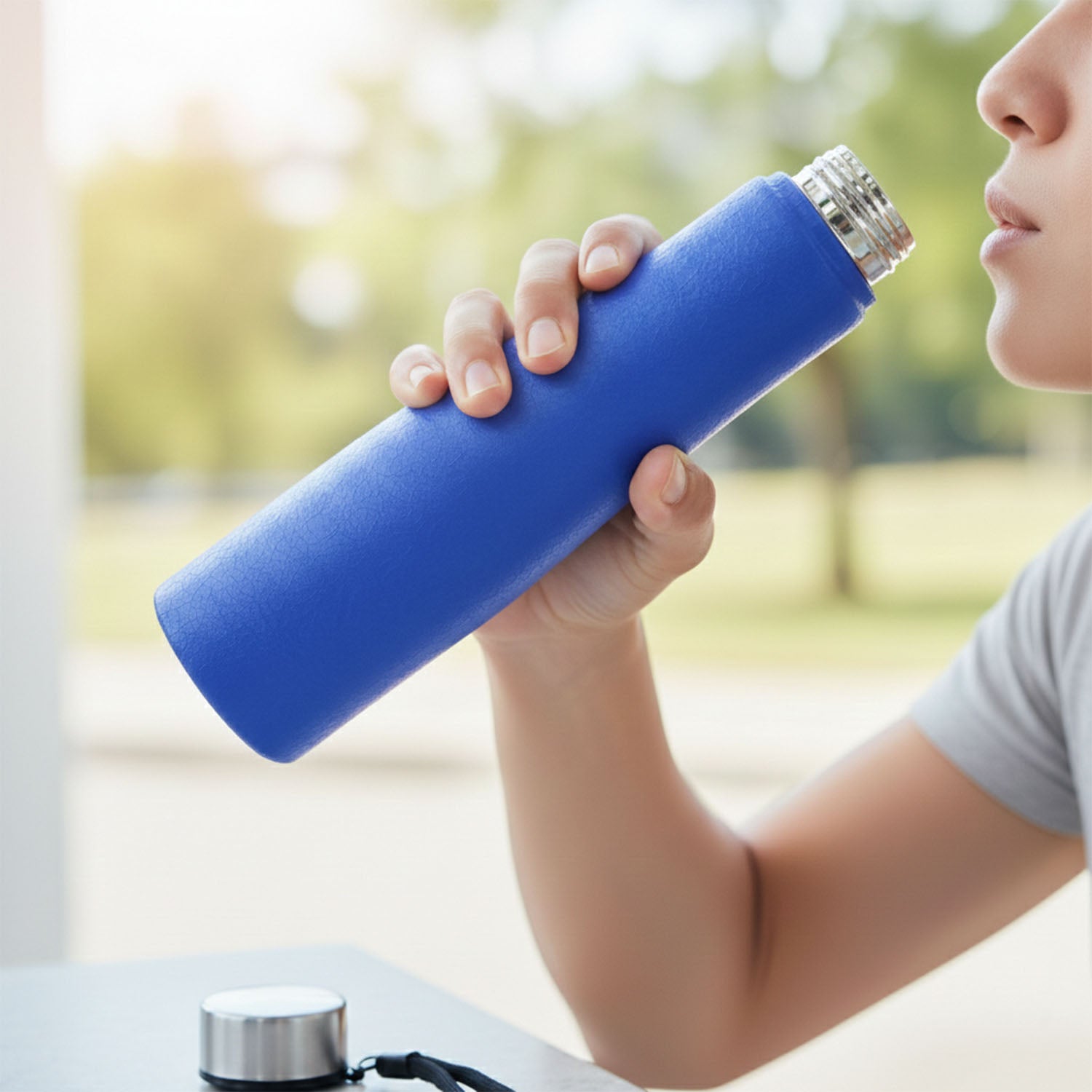 Wukusy classic stainless steel water bottle in blue, 1000 ml capacity, with a sleek cylindrical design and screw-on lid.