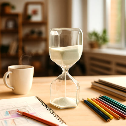 Elegant glass hourglass sand timer for office use by Wukusy, 1 piece, with clear glass and flowing sand.