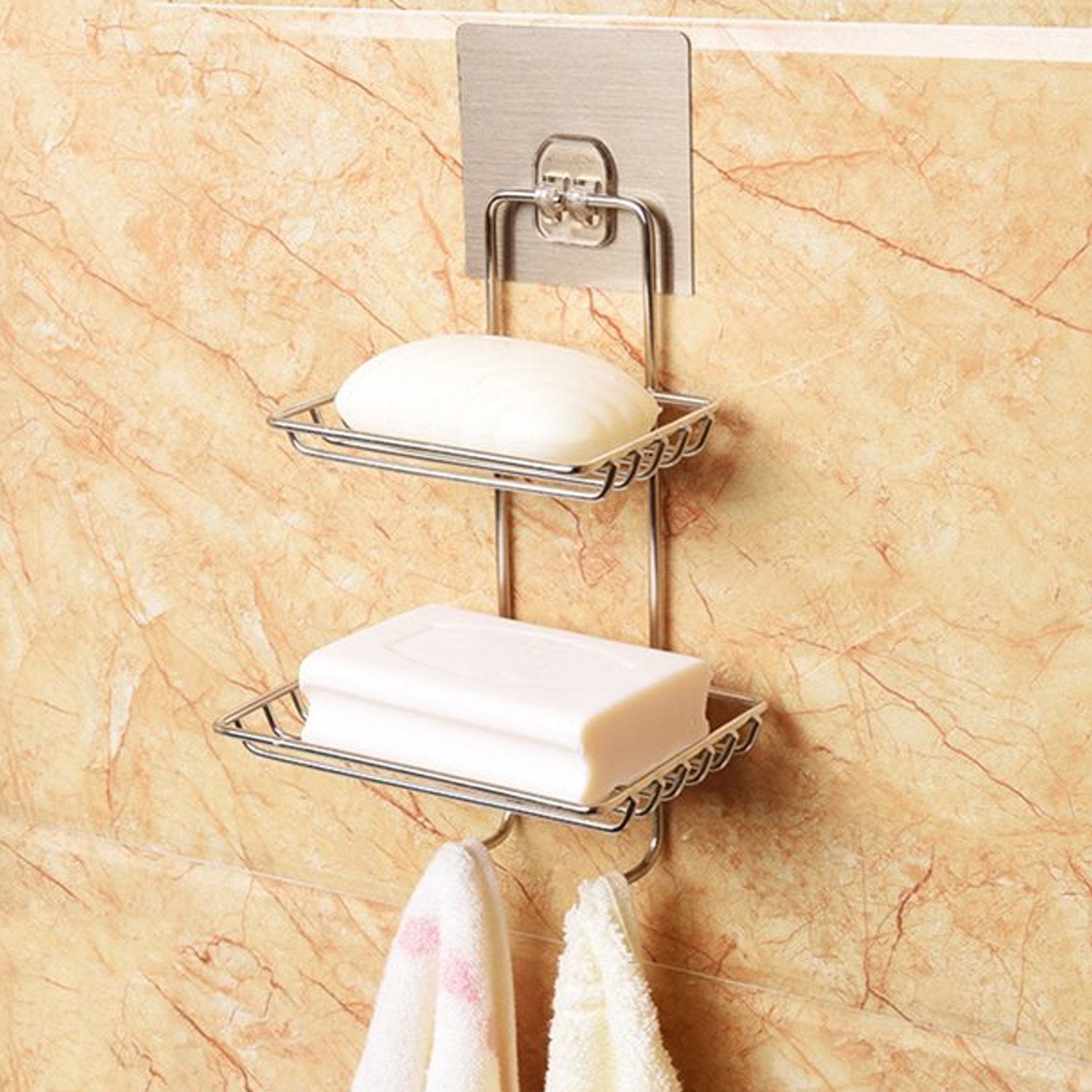 Wukusy 1763 kitchen and bathroom soap storage rack with two hooks, mounted on wall for organizing soaps and accessories.