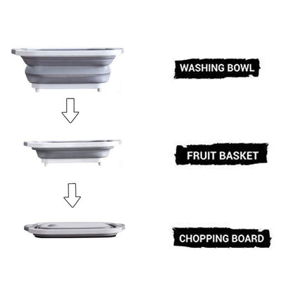 Wukusy 0098b foldable brown chopping board dish rack with draining basket and washing bowl, 3-in-1 multi-function kitchen organizer.