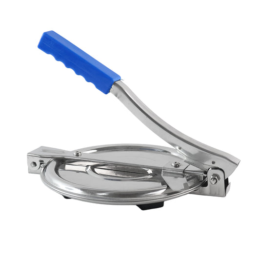 Wukusy 7149a Puri Press Maker in stainless steel, manual roti and puri press machine with handle for home use.