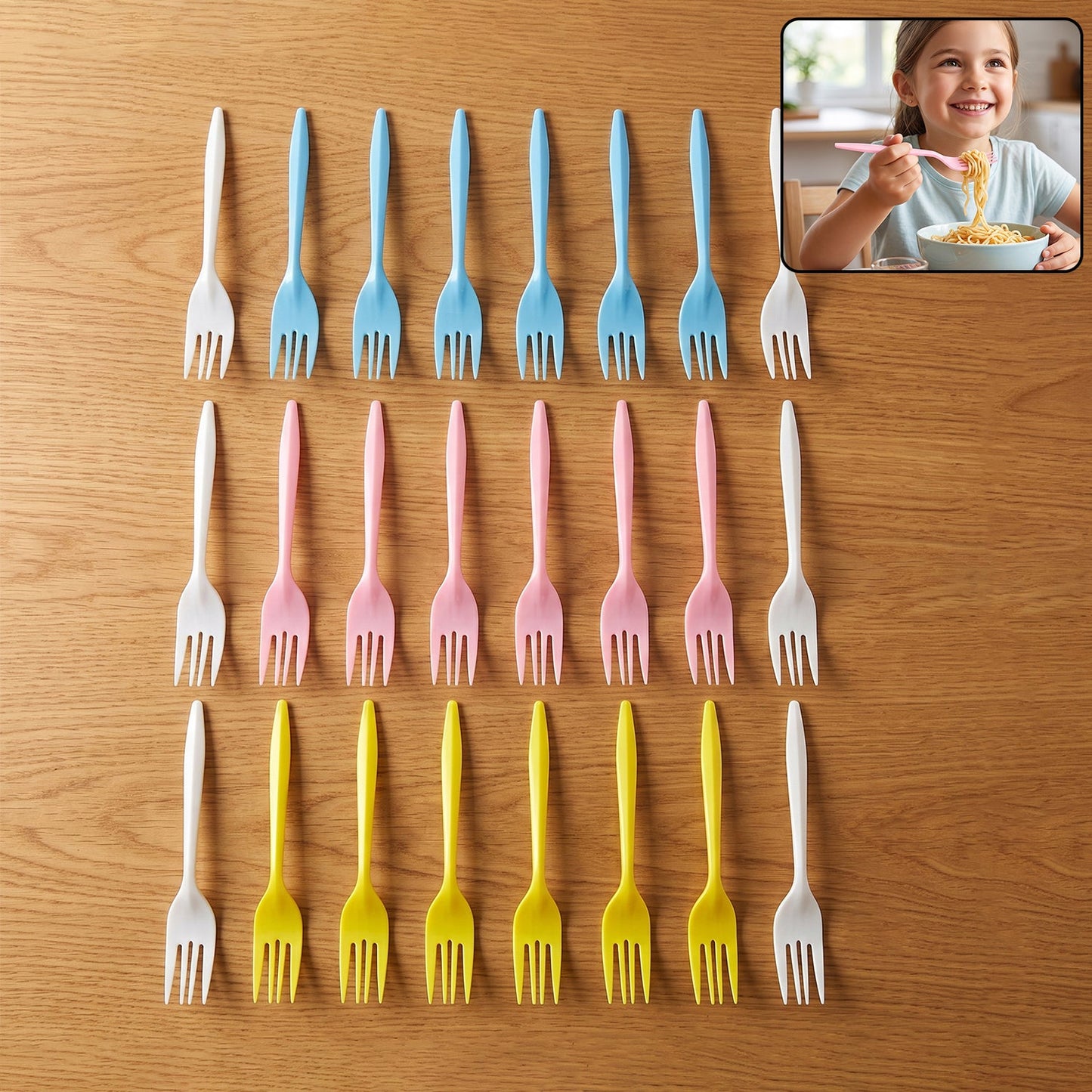Set of 24 multicolour reusable plastic forks by Wukusy, unbreakable dinner forks for casual and outdoor dining.