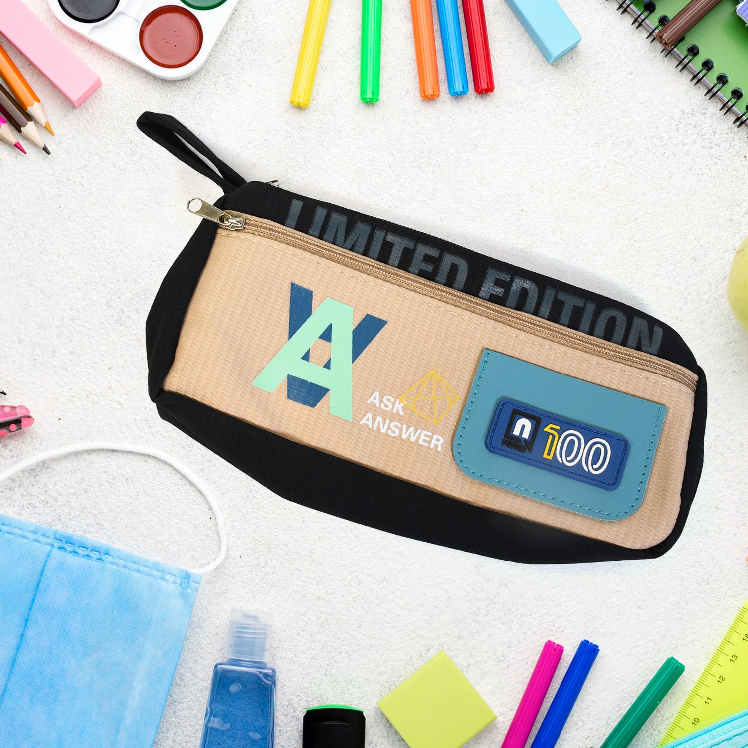 Wukusy Mix Design Pouch, stylish and versatile office storage bag, featuring a colorful pattern and compact size for organization.