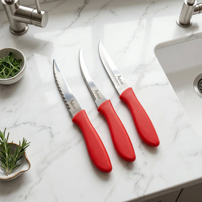 Wukusy SS Classic kitchen knife set with three stainless steel knives featuring plastic handles on a cutting board.