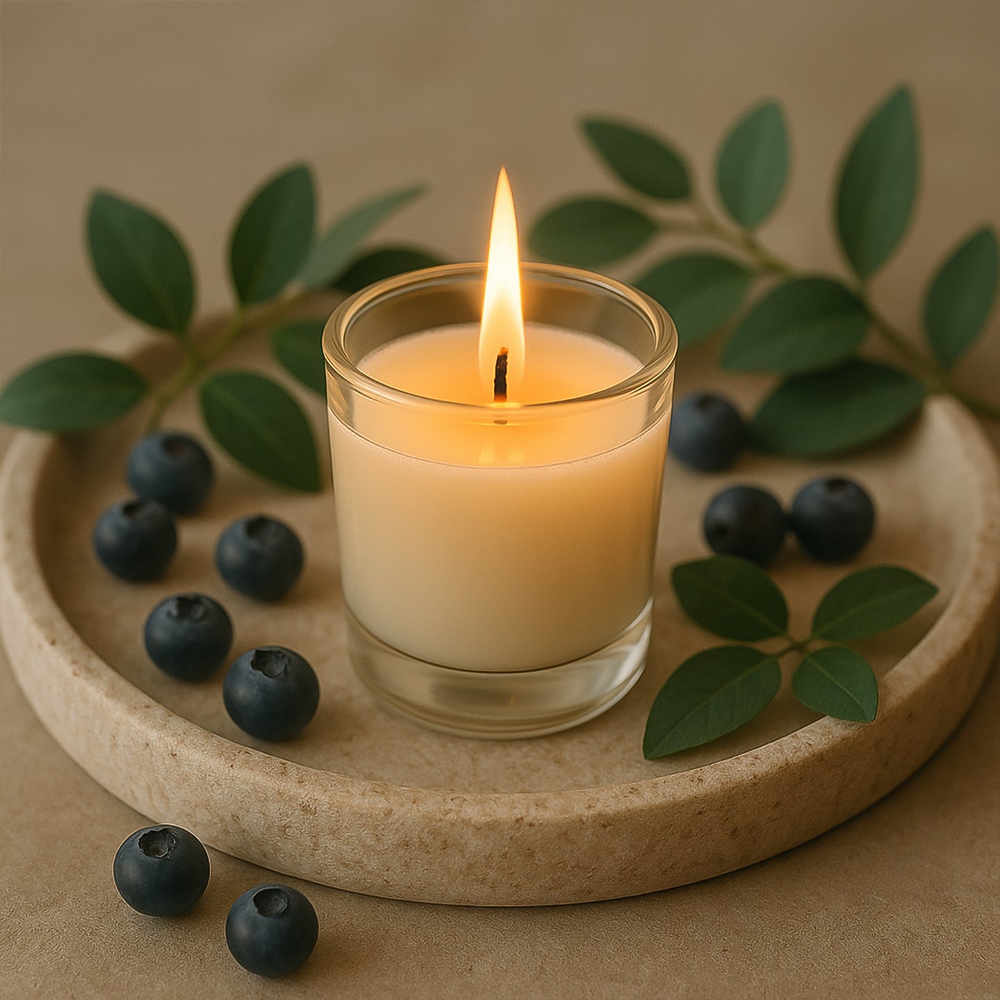 Blueberry scented Soy-blend Votive Candle in glass, 50g, by Wukusy, ideal for home decor and ambient lighting.