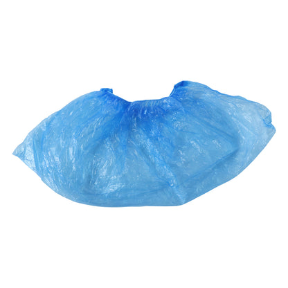 Wukusy disposable plastic shoe cover set with elastic fit, 100-piece pack, showing clear, lightweight shoe covers for cleanliness and protection.