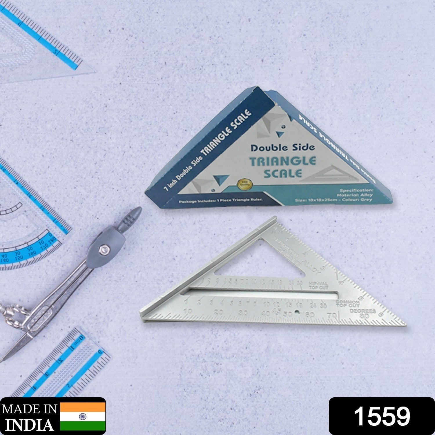 Wukusy 7-inch aluminum alloy double-sided scale triangle ruler with 45-degree angles and rafter square for woodworking and industrial use.