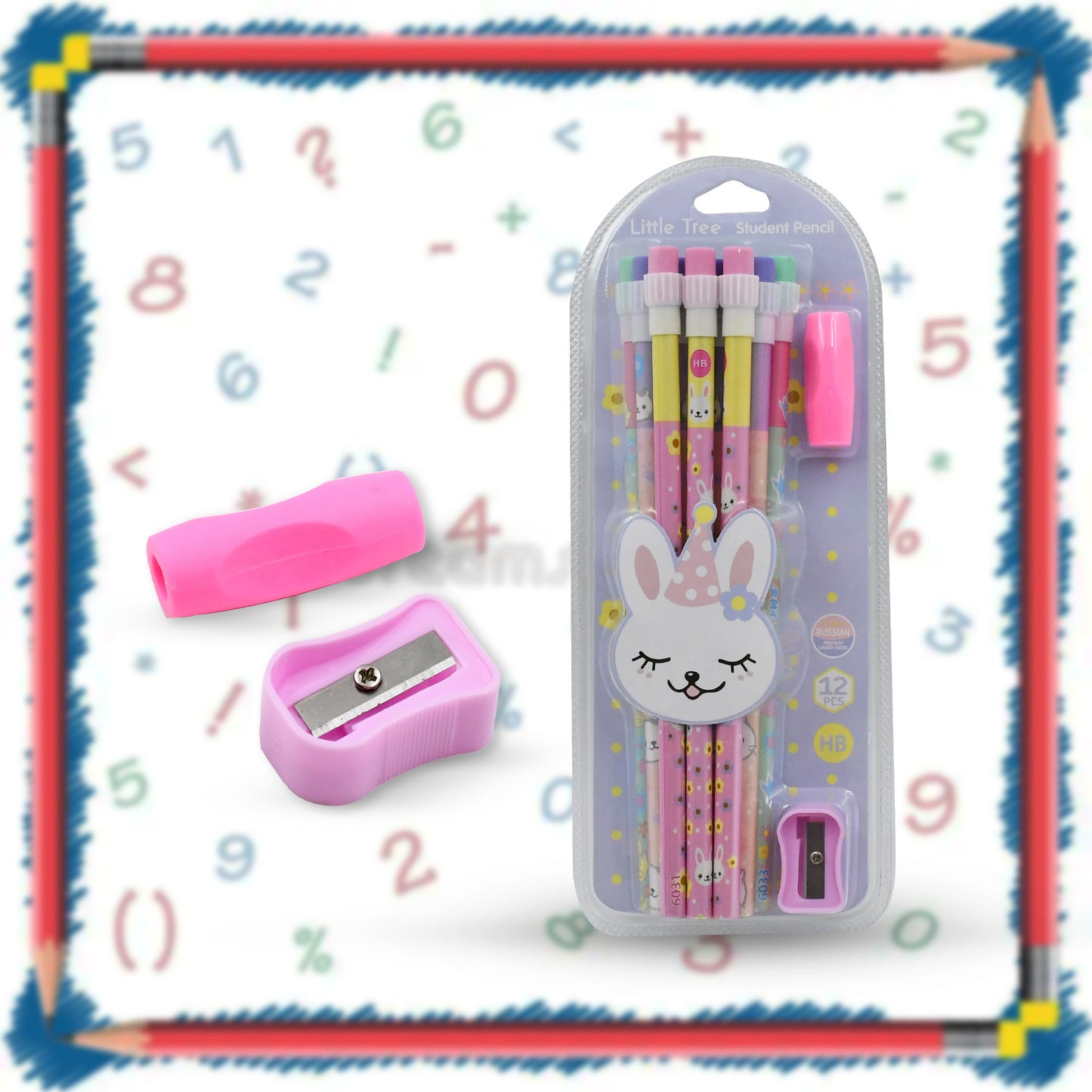 Wukusy 14-piece cute rabbit and bear graphite pencil set with sharpener, eraser, and themed stationery for kids and girls.